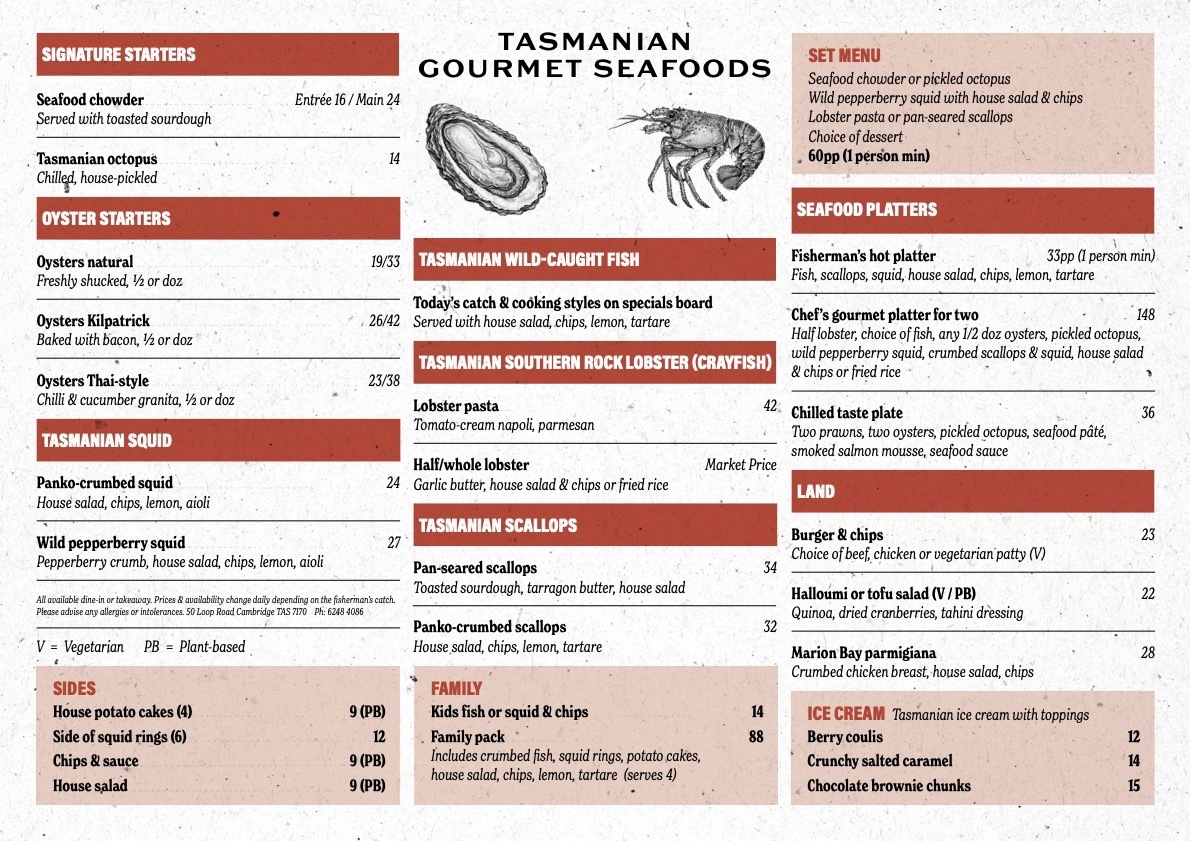 Tasmanian Gourmet Seafoods Menu