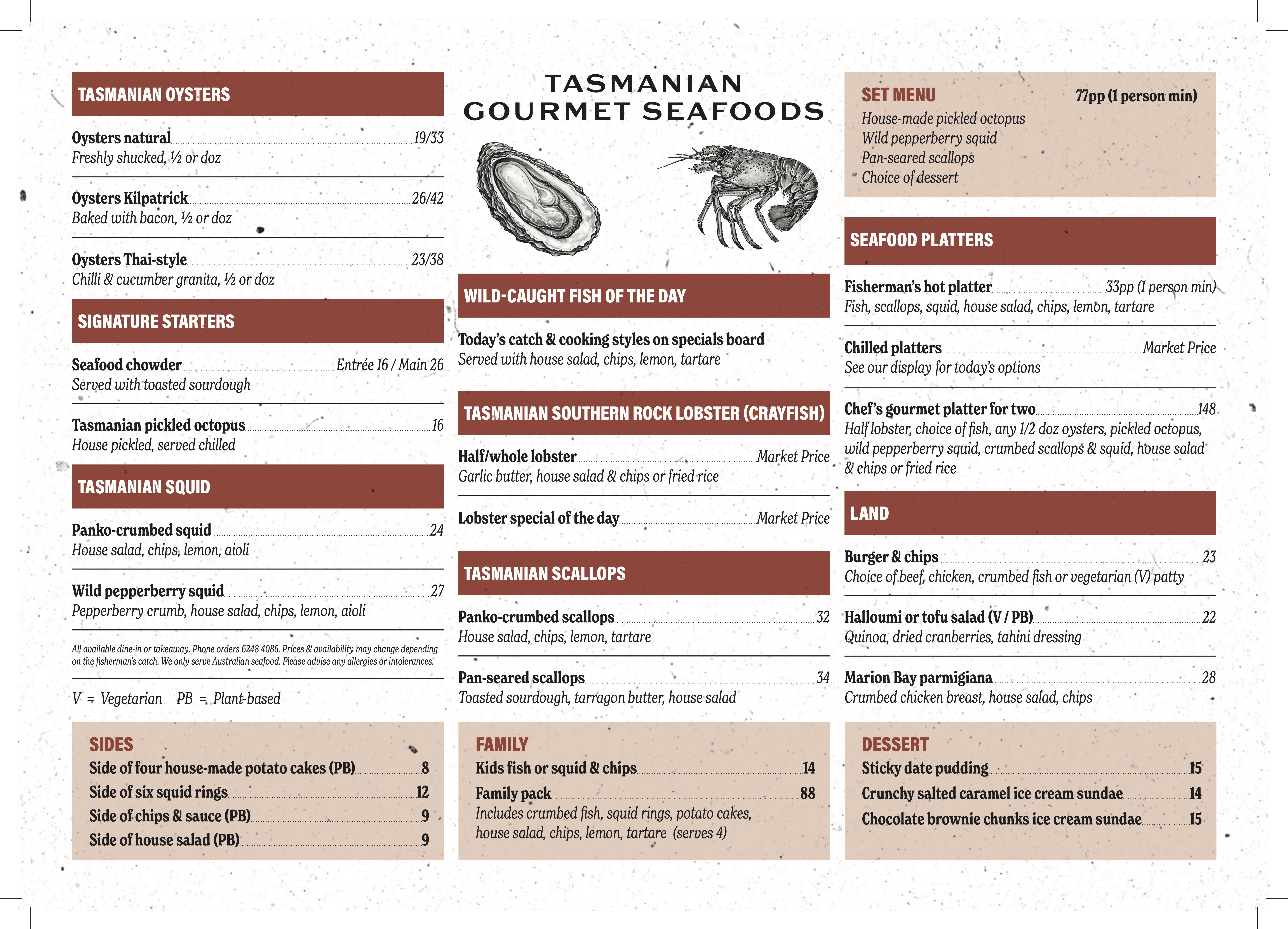 Tasmanian Gourmet Seafoods Menu